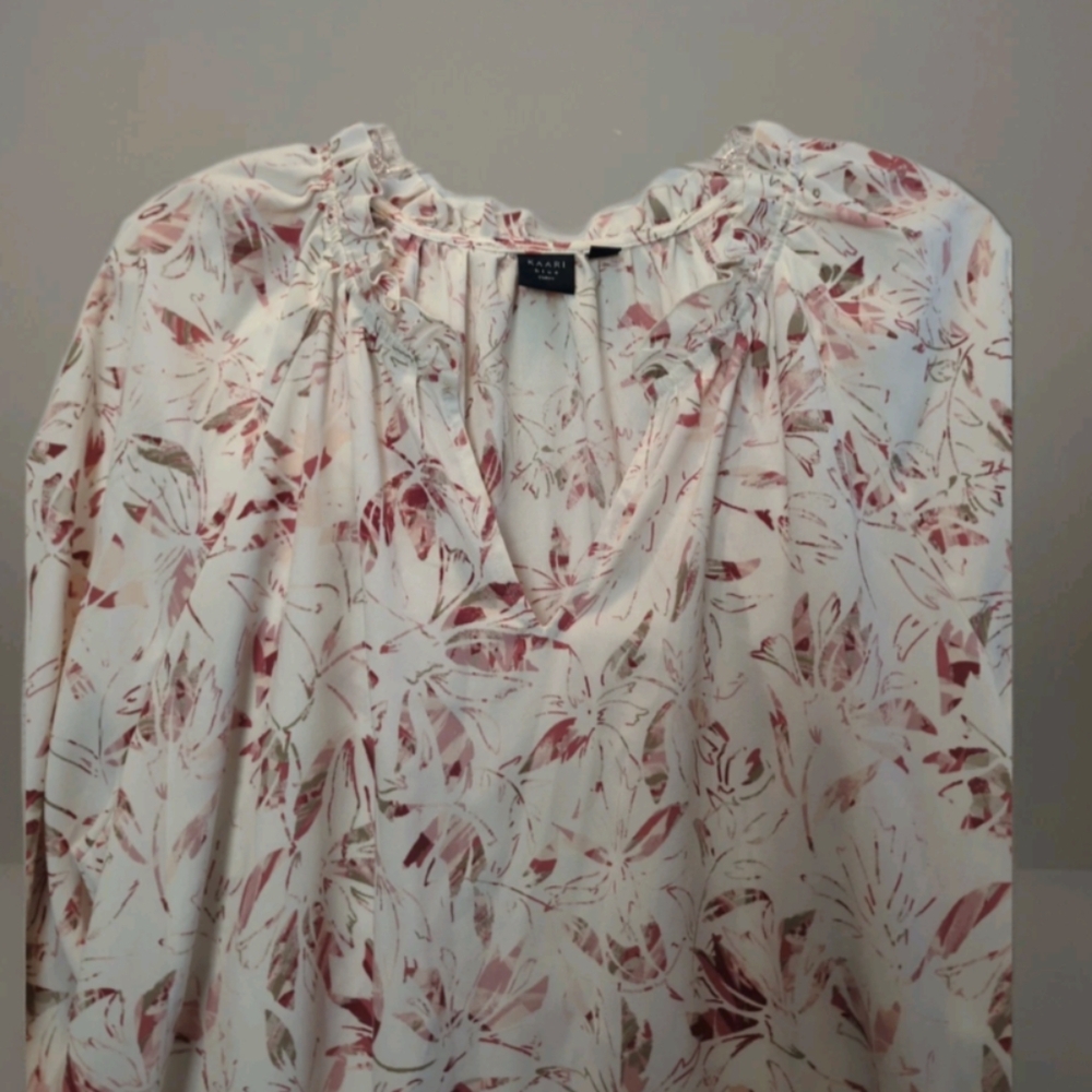 Women's Kaari Blue Round Ruffleneck Size 2X Long Ruffle Sleeve Floral Cream Pink - Picture 3 of 15